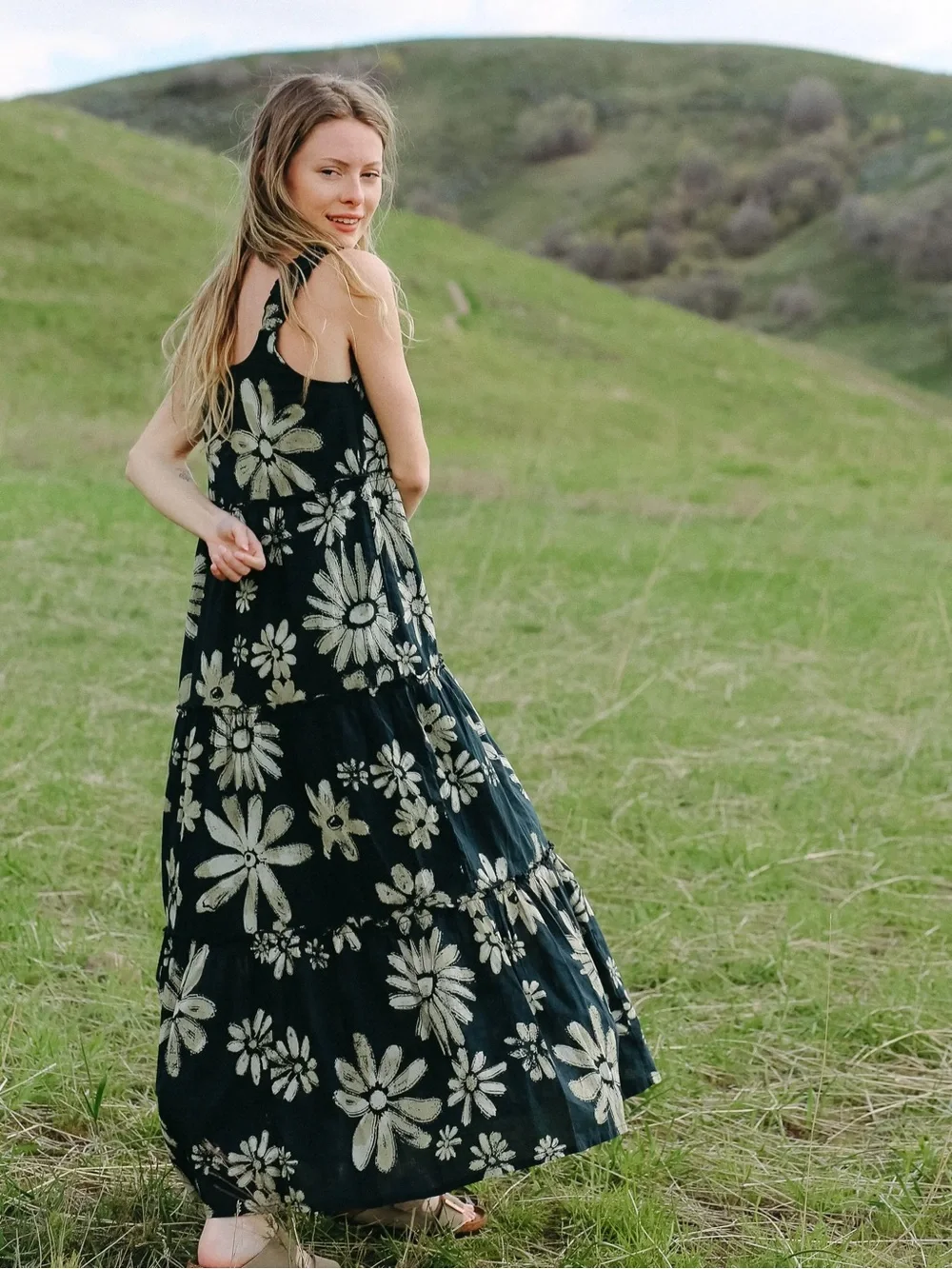 Natural life Adele Cotton black cream boho floral Maxi Dress M